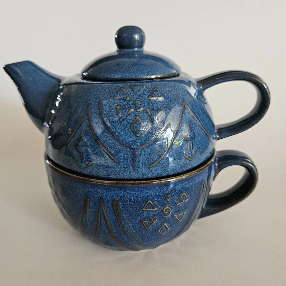 Pier 1 Blue Stoneware Stackable Tea Set Tea Pot Lid and Cup Mug Glazed